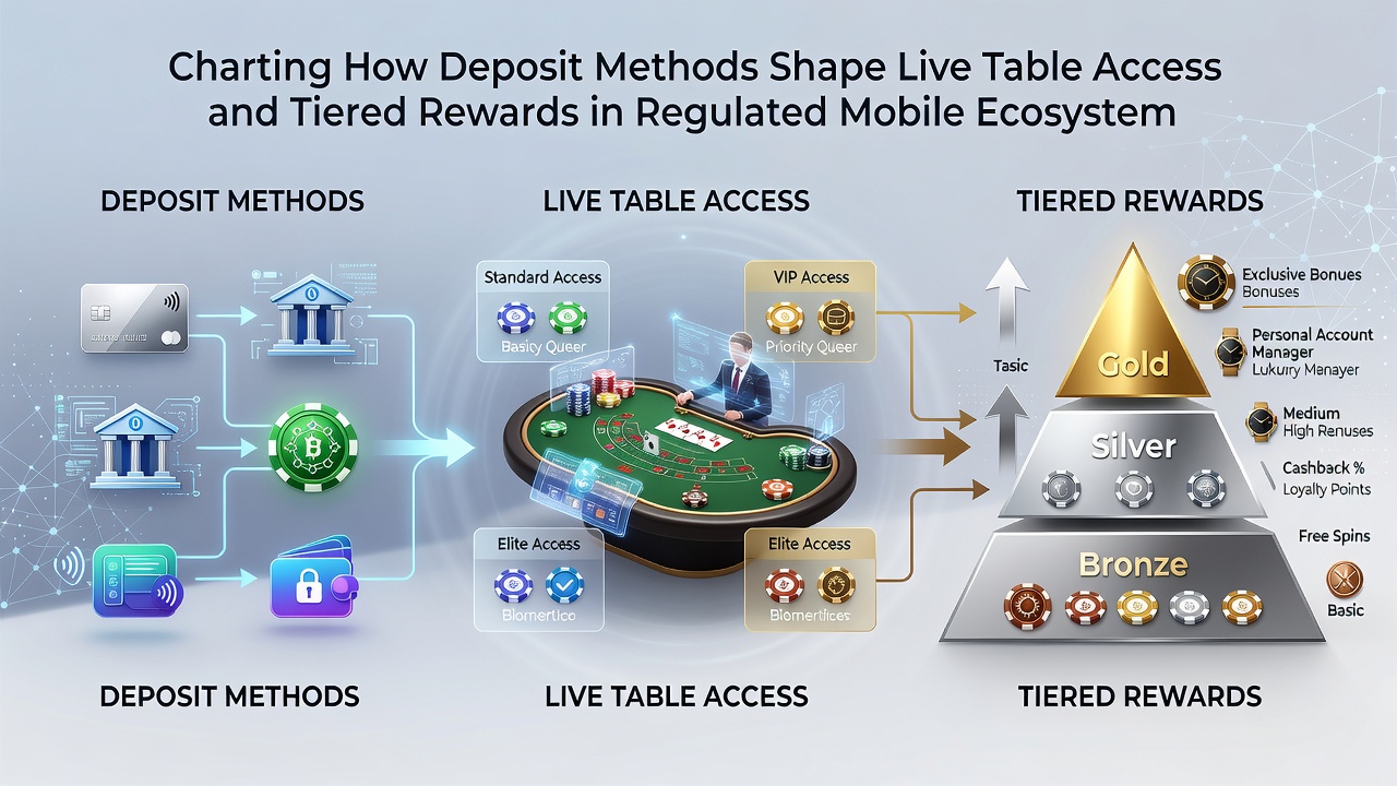 Infographic illustrating deposit flows mapping to loyalty tier progression and live game access