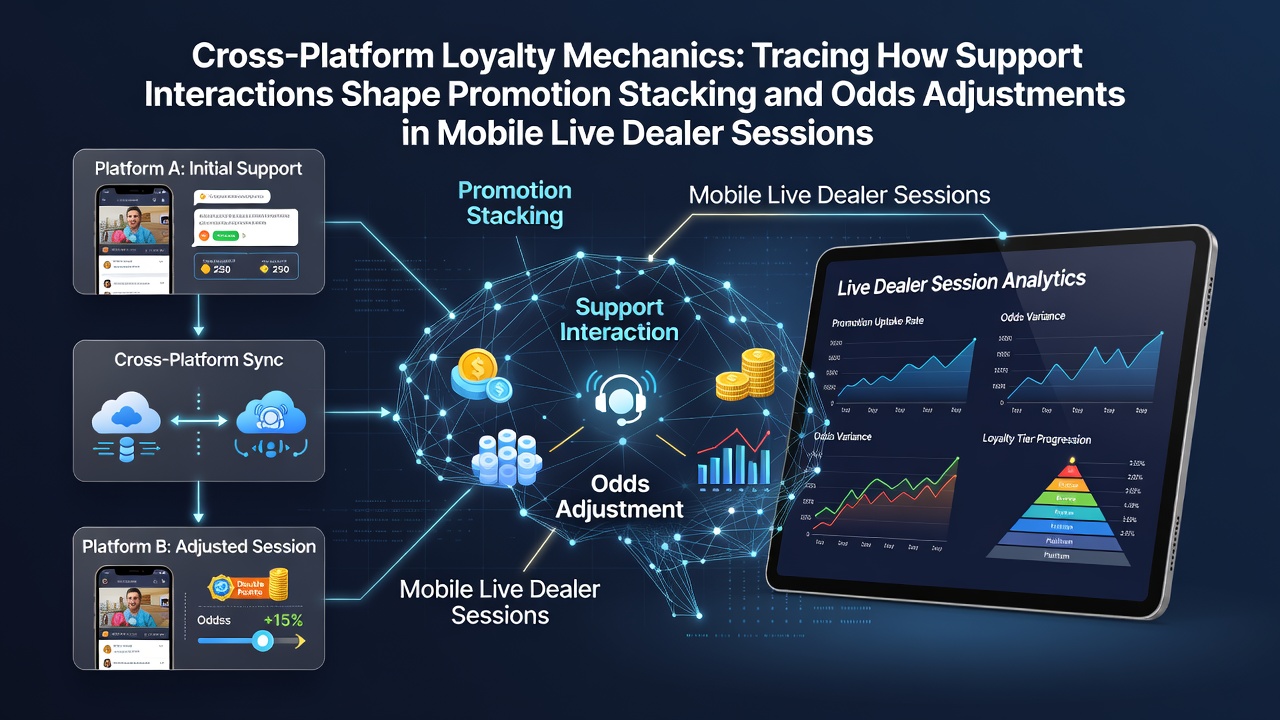 Diagram showing cross-platform loyalty tracking in mobile live dealer sessions with support chat integration