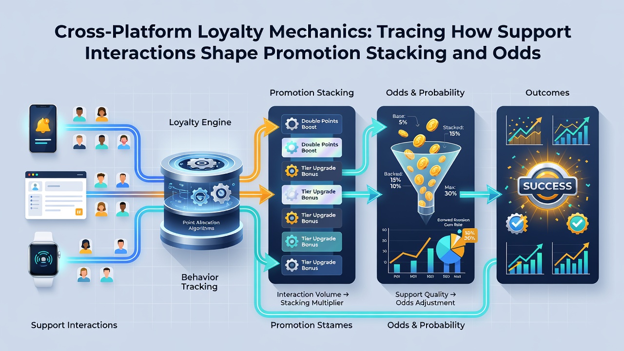 Flowchart of how support interactions influence promotion stacking and live dealer odds adjustments