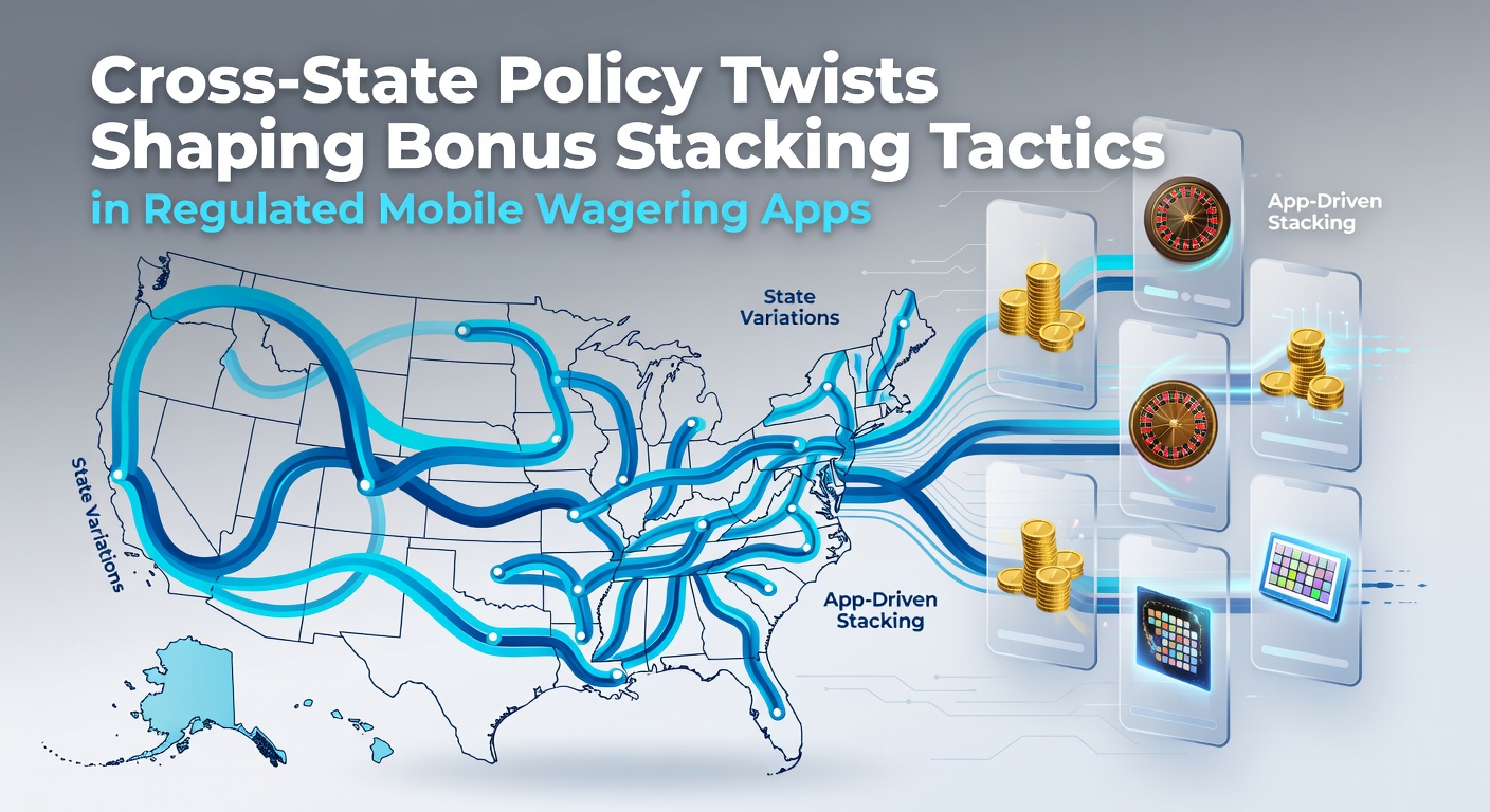 Illustration of mobile wagering app interfaces displaying bonus offers across multiple state boundaries