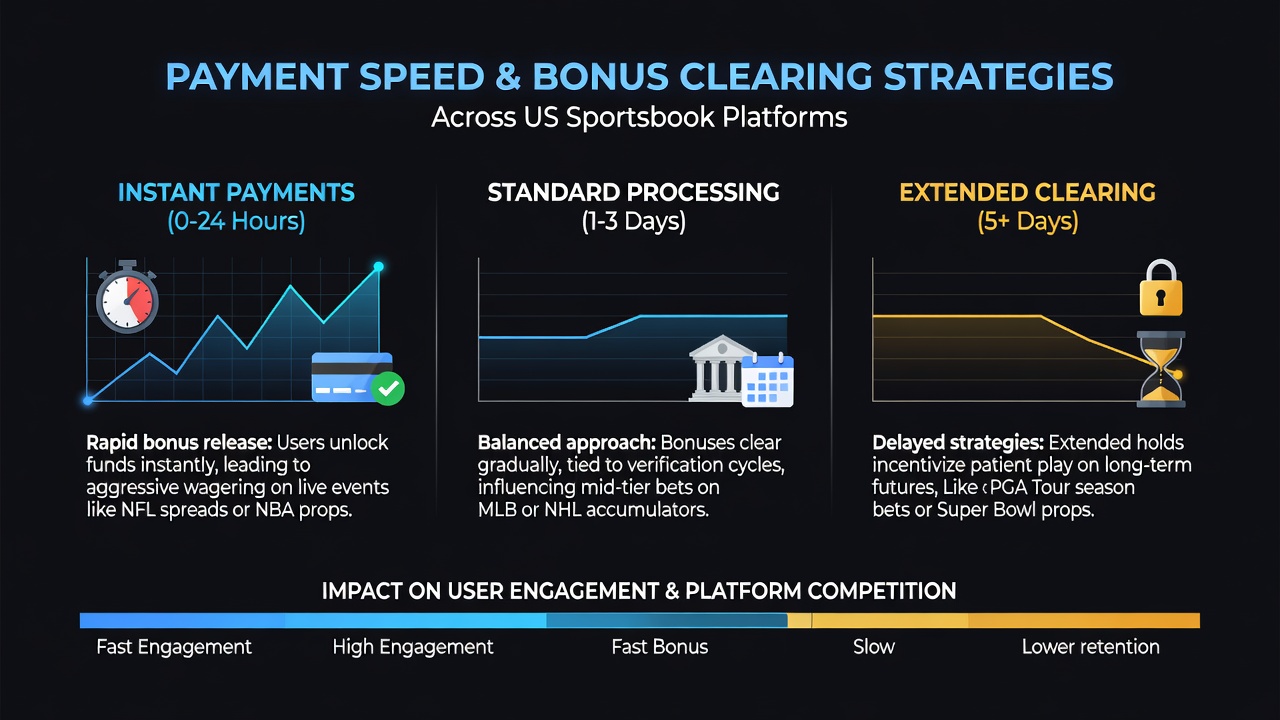 Infographic comparing payment processing times and bonus clearing timelines on major US sportsbooks