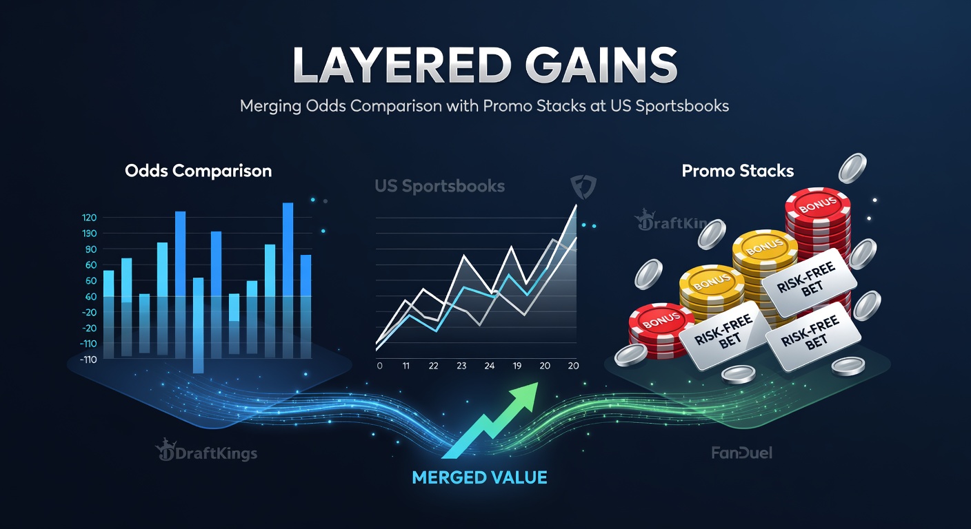 Infographic illustrating a flowchart of odds comparison tools linking to stacked promo claims across FanDuel, DraftKings, and Caesars apps
