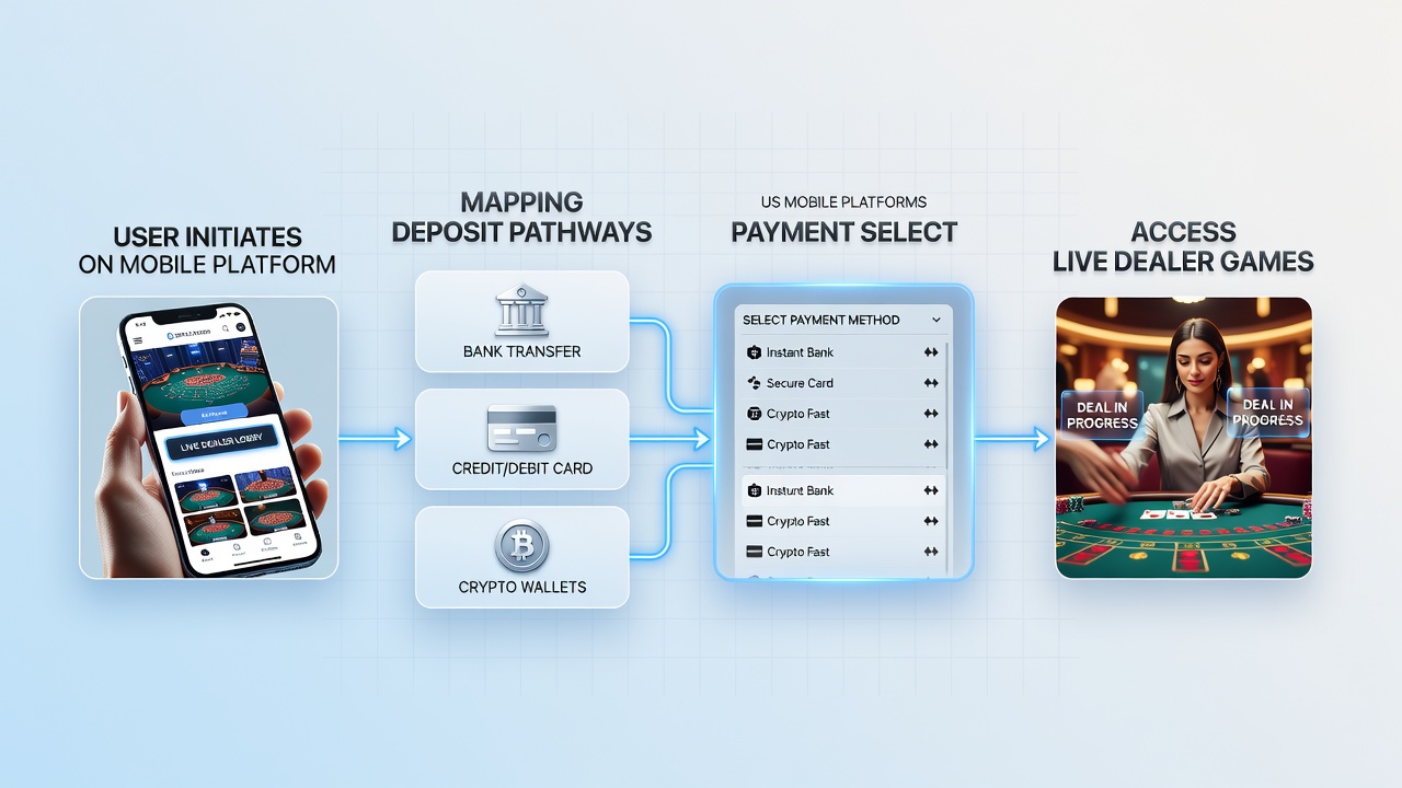 Flowchart style graphic illustrating deposit pathways to live dealer bonuses and loyalty rewards on mobile apps