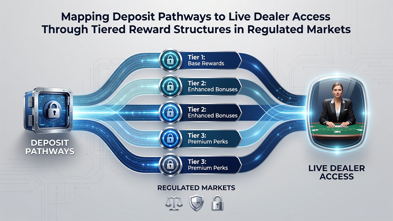 Flowchart illustrating tier progression from deposits to live dealer access with regulatory checkpoints