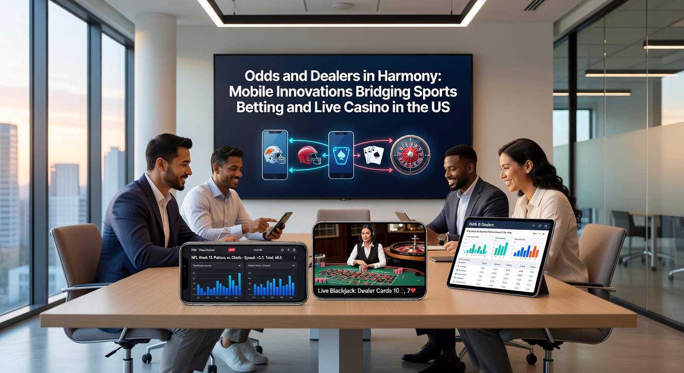 Mobile app screen showing sports betting odds alongside live dealer blackjack table, illustrating seamless integration in US betting platforms