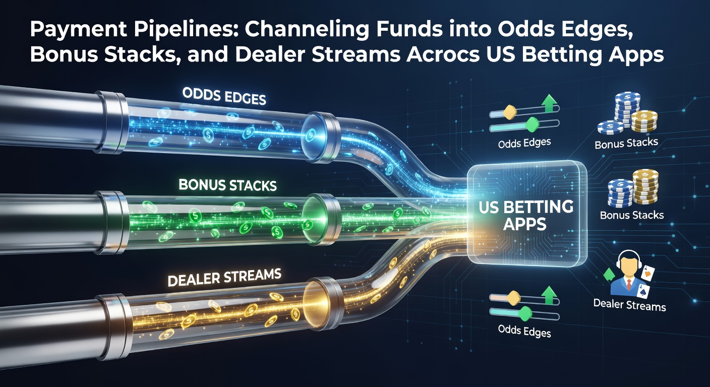 Digital graphic showing money flowing through pipelines into betting elements like odds screens, bonus icons, and live dealer tables on a mobile app interface