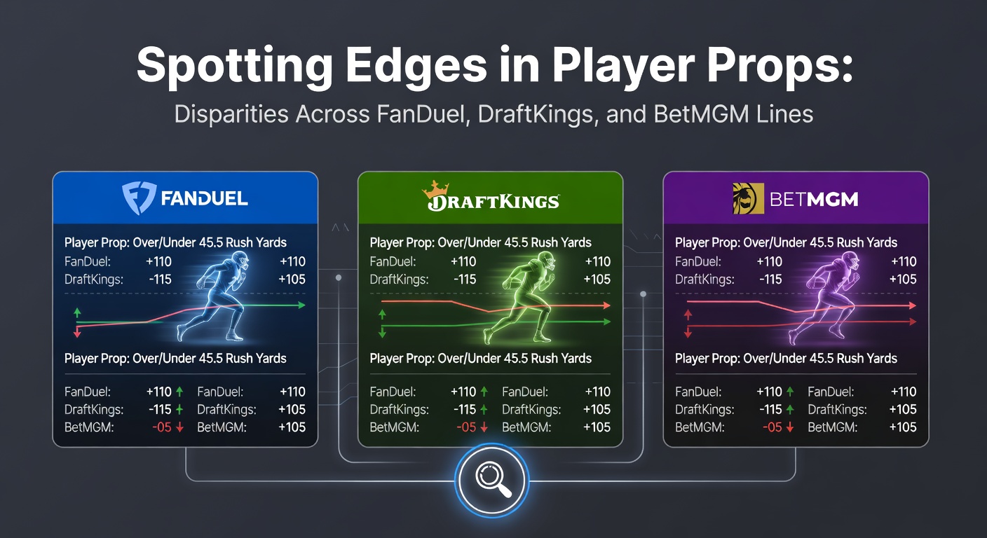 Screenshot of player prop odds comparison across FanDuel, DraftKings, and BetMGM for an NBA game, highlighting over/under lines for points, rebounds, and assists