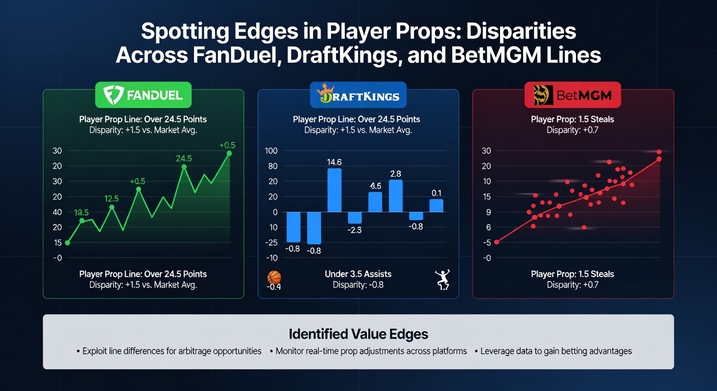 Close-up comparison table of player prop lines for a quarterback's passing yards on FanDuel (o/u 275.5), DraftKings (o/u 278.5), and BetMGM (o/u 272.5), with highlighted edges