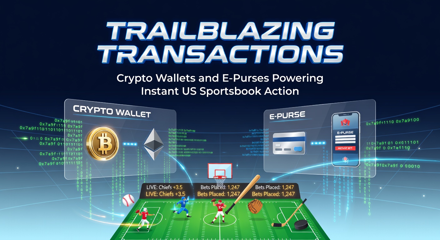 Digital wallet interface showing instant crypto deposit on a US sportsbook app, with glowing transaction confirmations and sports betting odds in the background